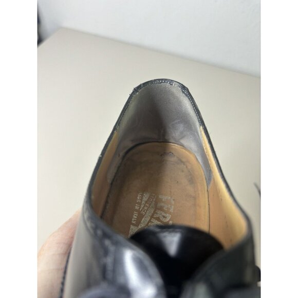 Salvatore Ferragamo Men 10 D Black Leather Wingtip Lace-Up Oxford Dress Shoe GUC